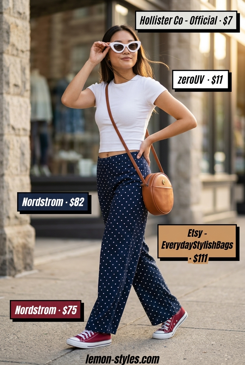 Navy polka dot culottes for women 2026, styled with a white tee and red sneakers for a playful picnic outfit.