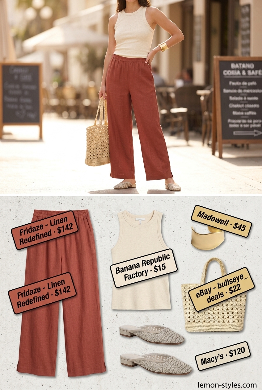 Terracotta linen cropped pants for women 2026, part of a matching set with a cream tank top for evening out.