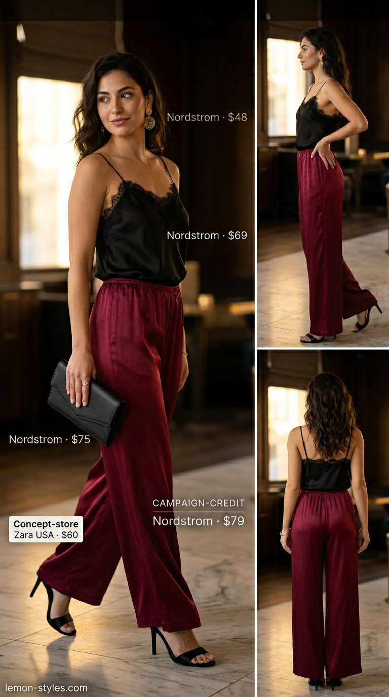 Burgundy satin cropped wide-leg pants for women 2026, styled with a black camisole and gold earrings for date night.