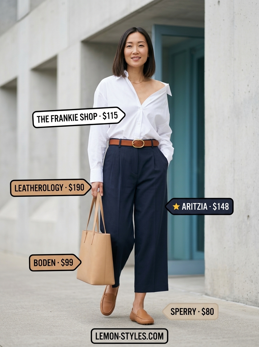 Navy tailored cropped pants for women 2026, styled with a white shirt and loafers for smart casual office wear.