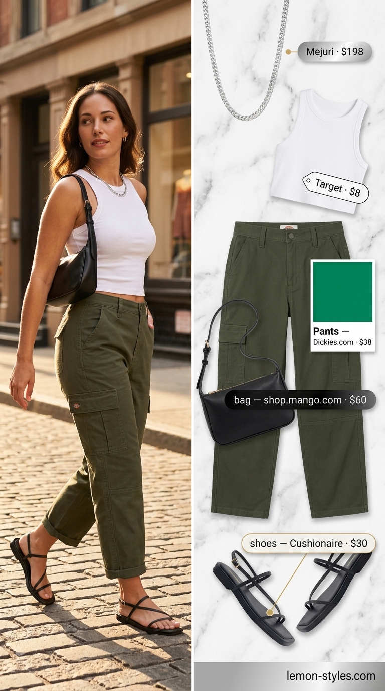 Edgy urban outfit with olive green cargo cropped pants for women 2026, white tank, and black sandals.