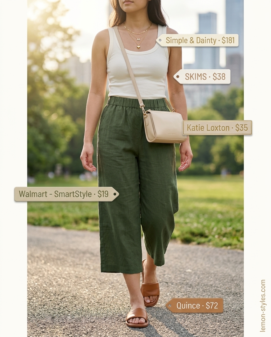 Relaxed chic outfit with olive green cropped summer pants for women 2026, cream knit top, and tan sandals.