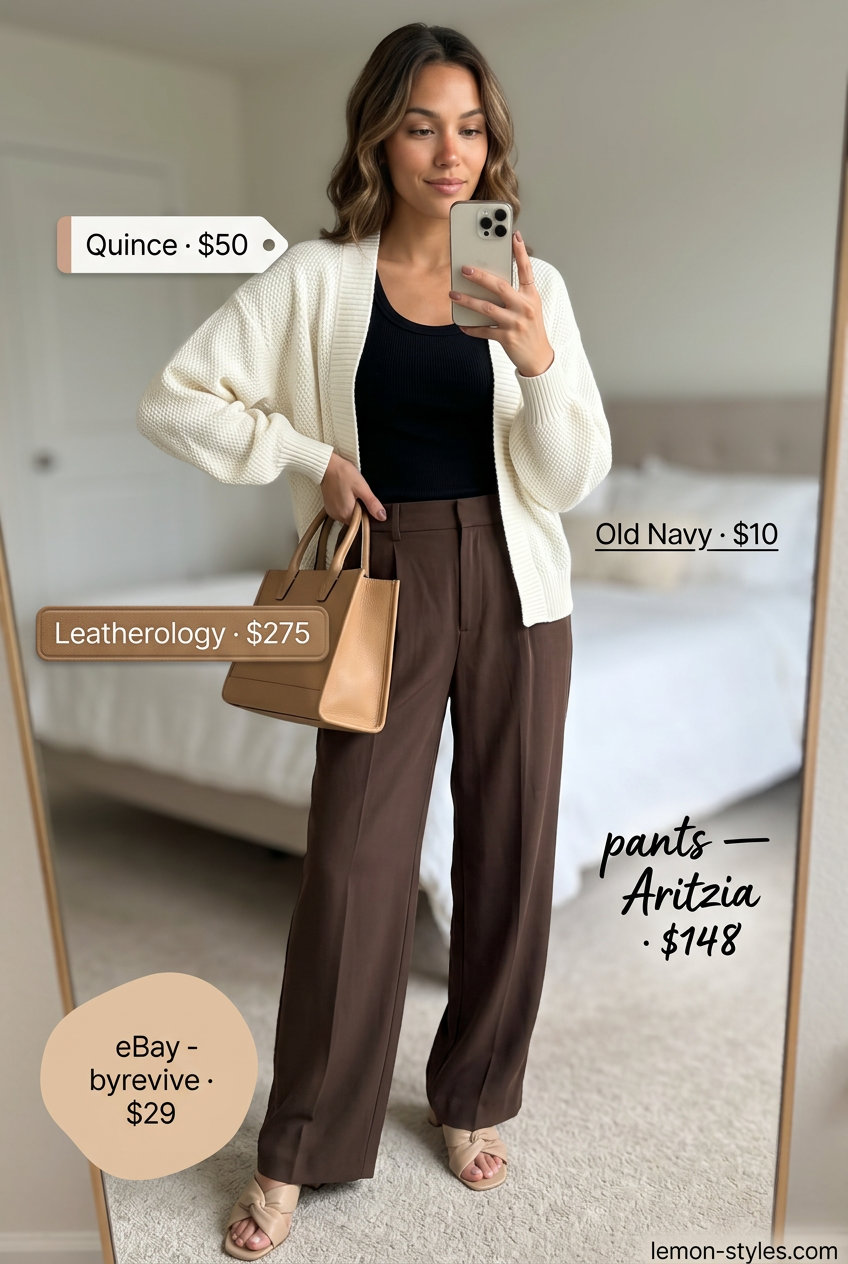 Polished vacation outfit with beige cropped pants for women 2026, black tank, and cream cardigan.