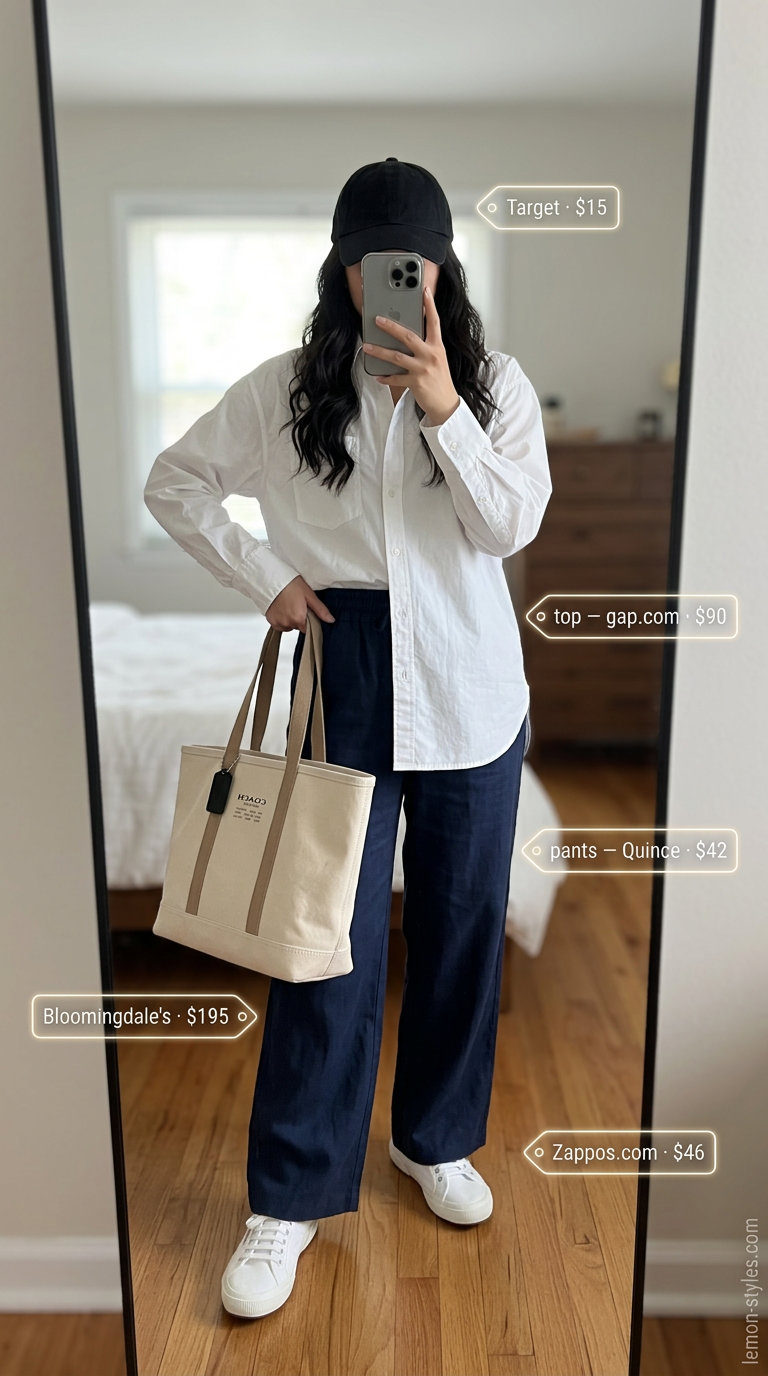 Classic weekend casual outfit with cropped denim pants for women 2026, oversized white shirt, and sneakers.
