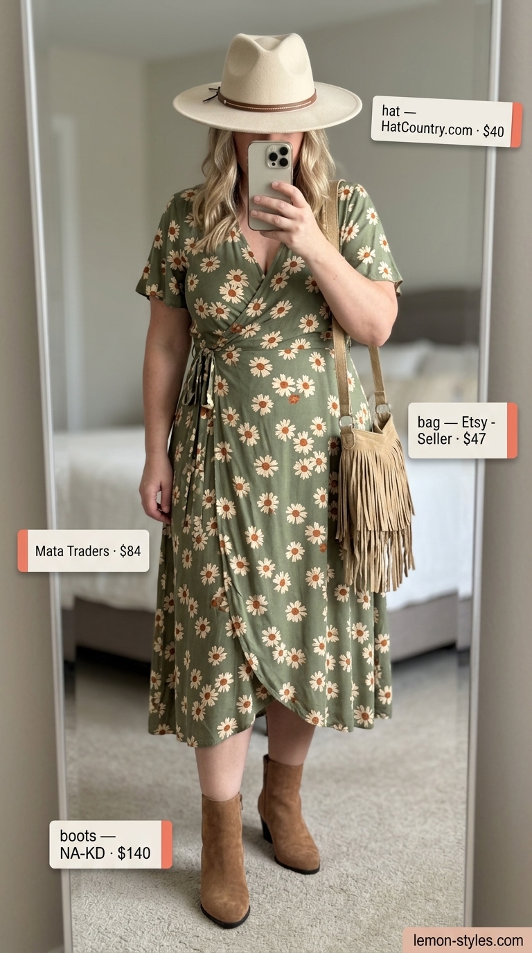 Curvy wrap dress outfit summer 2026: Muted floral maxi dress, suede boots, and wide-brim hat for a bohemian vibe.