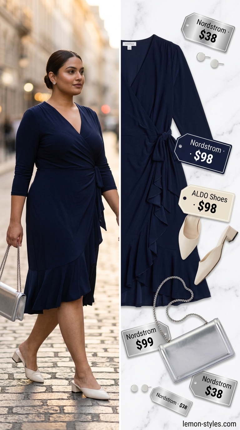 Curvy wrap dress outfit summer 2026: Navy blue midi wrap dress with white block heels, silver bag, and silver studs.