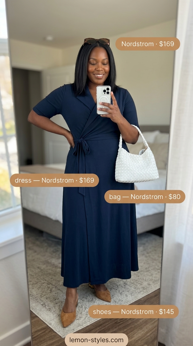 Curvy wrap dress outfit summer 2026: Navy midi wrap dress with tan block heels, white crossbody, and tortoiseshell sunglasses.