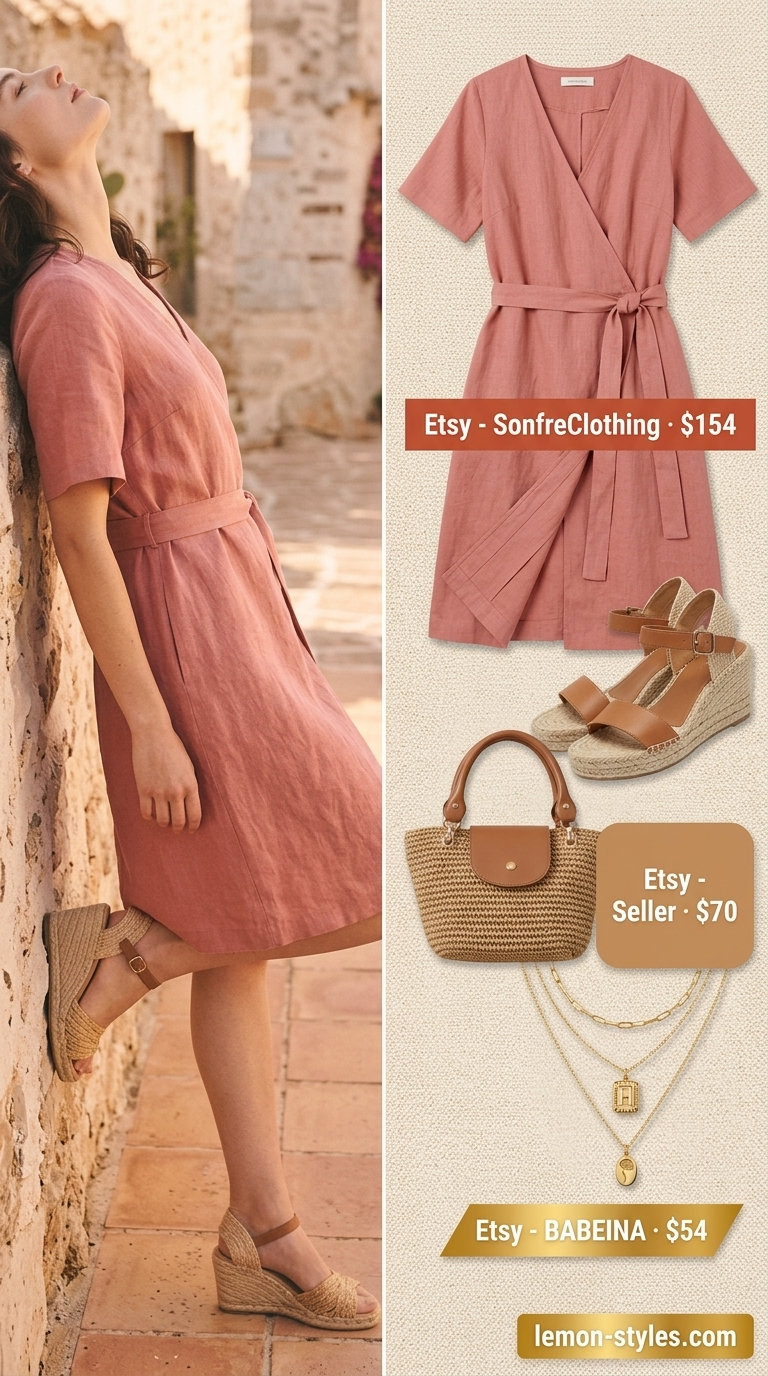 Curvy wrap dress outfit summer 2026: Coral linen midi dress, espadrille wedges, and straw tote for beach vacations.