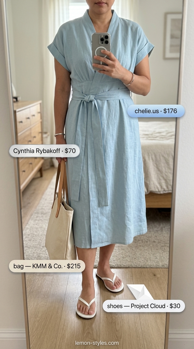 Curvy wrap dress outfit summer 2026: Sky blue linen midi wrap dress with white slides and canvas tote for coastal vibes.
