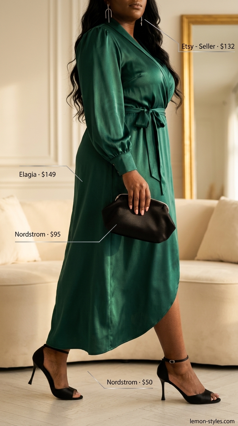 Curvy wrap dress outfit summer 2026: Emerald green midi wrap dress with black heels and silver earrings for date night.