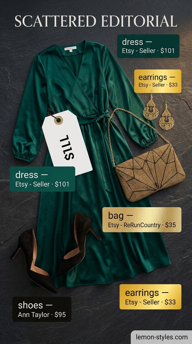 Curvy wrap dress outfit summer 2026: Emerald green satin midi dress, black stilettos, and gold clutch for evening events.