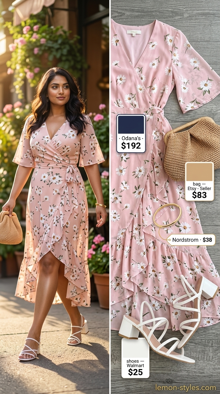 Curvy wrap dress outfit summer 2026: Pastel pink floral midi dress, block heel sandals, and woven clutch for garden parties.