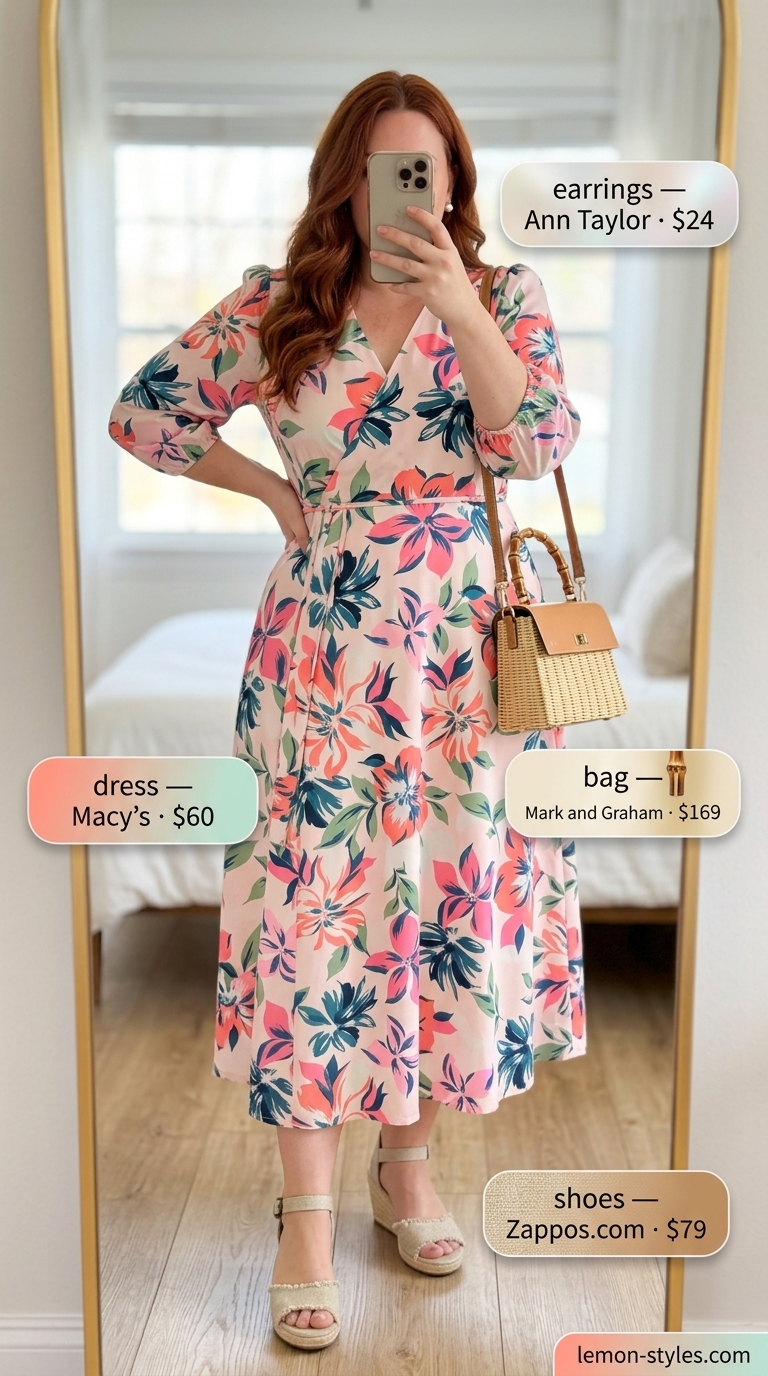 Curvy wrap dress outfit summer 2026: Pastel floral midi dress, espadrille wedges, and woven crossbody for garden parties.