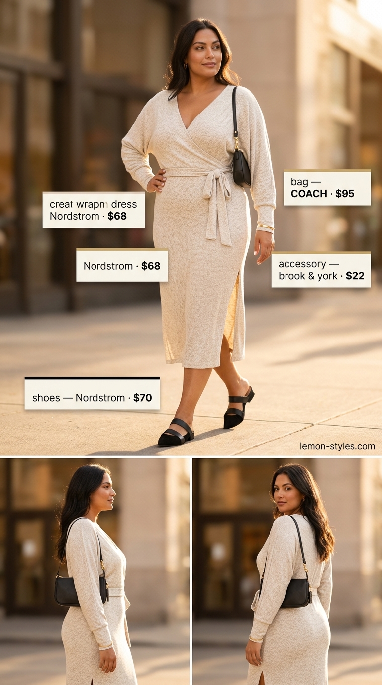 Curvy wrap dress outfit summer 2026: Cream midi wrap dress, black mules, and gold cuff for minimalist chic.