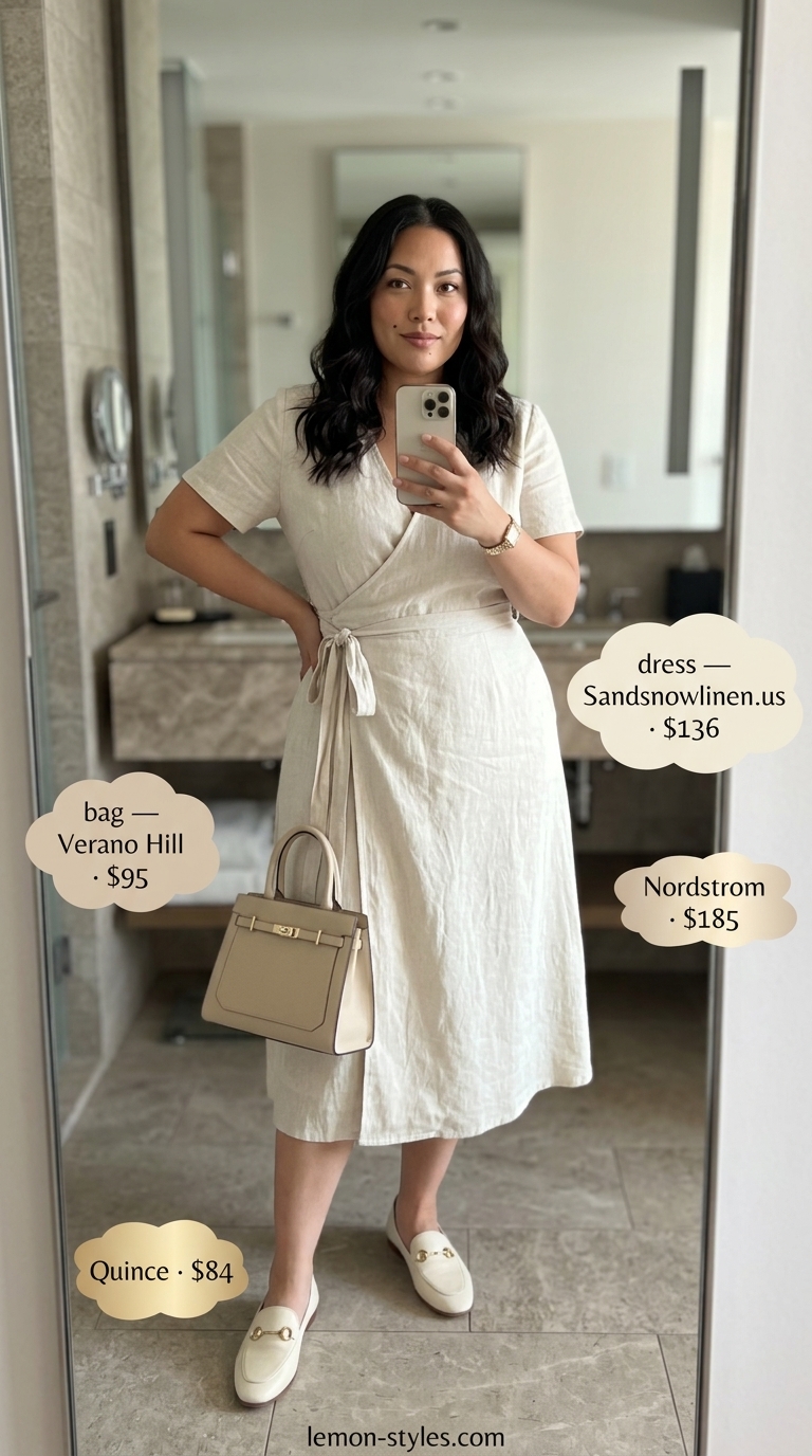 Curvy wrap dress outfit summer 2026: Warm beige linen midi wrap dress with cream loafers, structured bag, and gold watch.