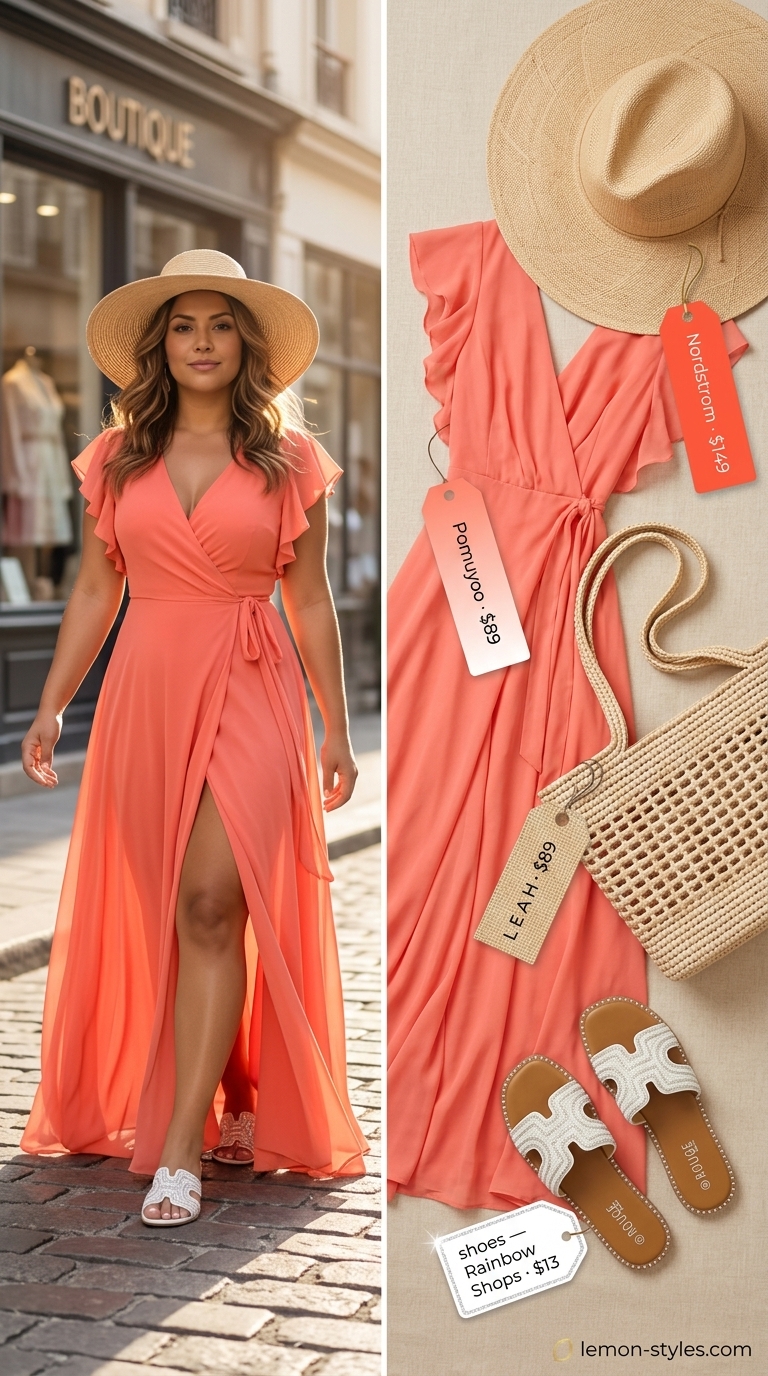 Curvy wrap dress outfit summer 2026: Coral chiffon maxi wrap dress with straw hat, tote, and embellished sandals.