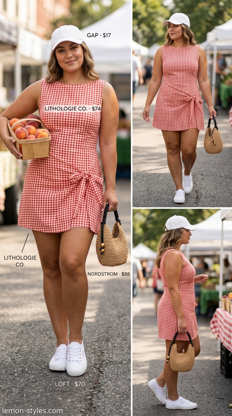 Curvy wrap dress outfit summer 2026: Red gingham mini wrap dress with white sneakers and straw bag for a picnic.