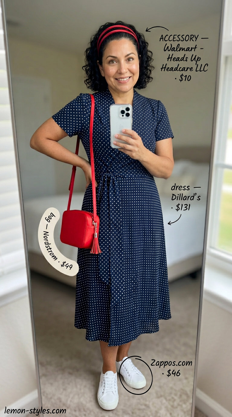 Curvy wrap dress outfit summer 2026: Navy polka dot midi wrap dress with white sneakers and red crossbody bag for brunch.