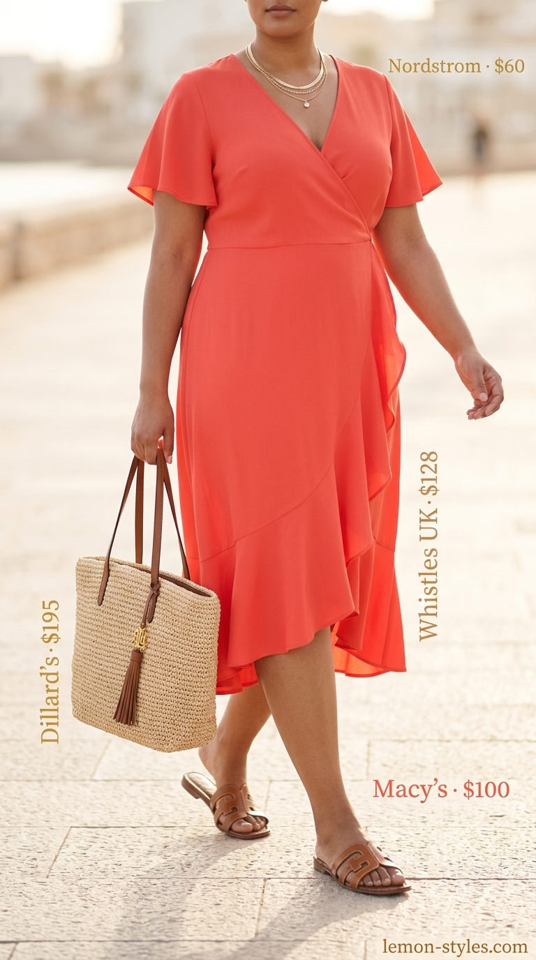 Curvy wrap dress outfit summer 2026: Coral midi wrap dress with tan slides and straw tote for a chic summer lunch.