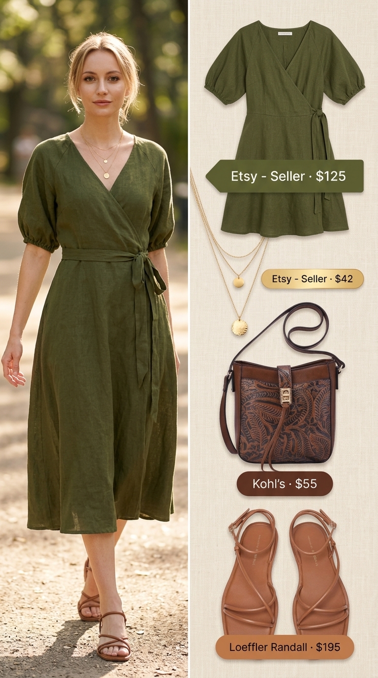 Curvy wrap dress outfit summer 2026: Olive green midi wrap dress with tan sandals, gold necklaces, and cognac crossbody.