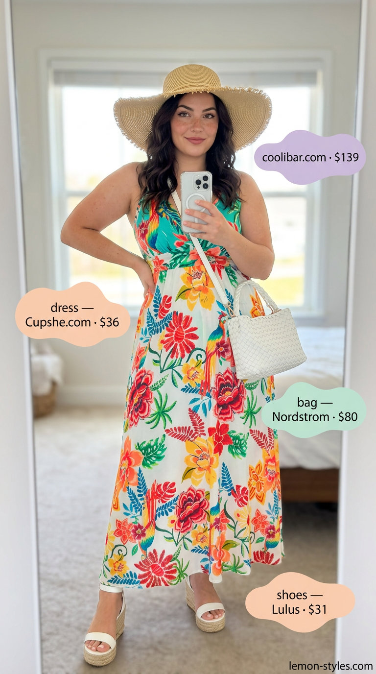 Curvy wrap dress outfit summer 2026: Tropical print maxi dress, espadrille wedges, and straw hat for vacation.