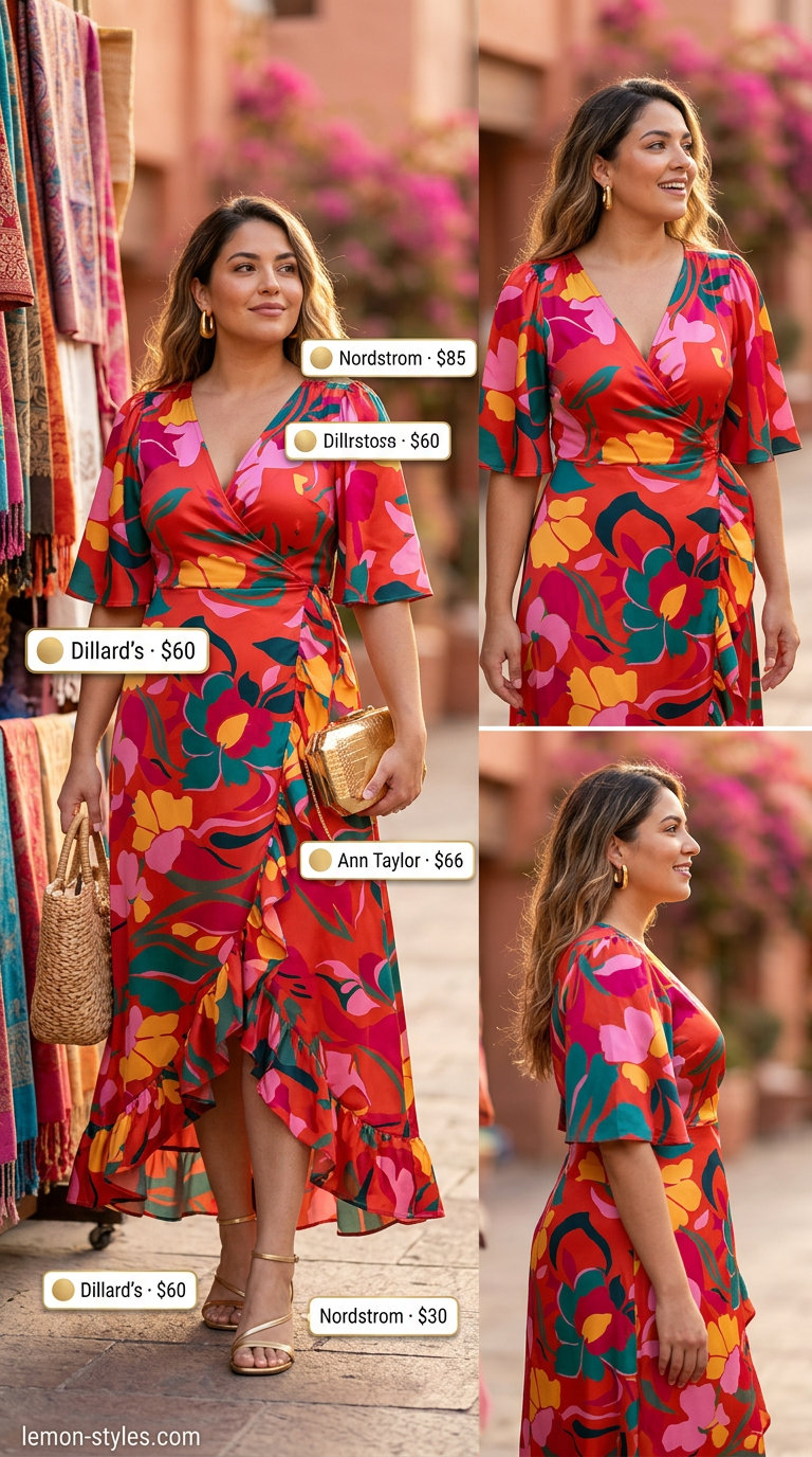 Curvy wrap dress outfit summer 2026: Teal tropical print midi dress, gold heeled sandals, and metallic clutch for vacation.