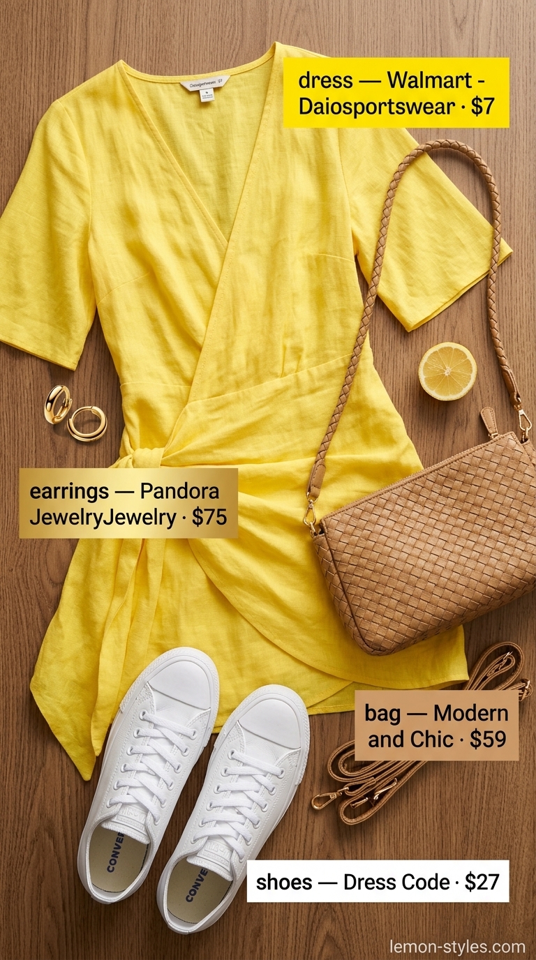 Curvy wrap dress outfit summer 2026: Yellow mini wrap dress with white sneakers and crossbody bag for weekend brunch.