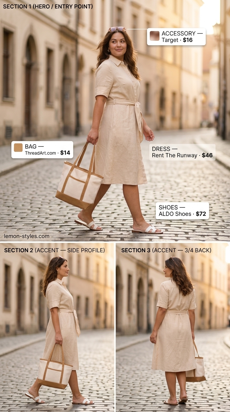 Curvy wrap dress outfit summer 2026: Light beige linen shirt dress with white slides, canvas tote, and aviator sunglasses.