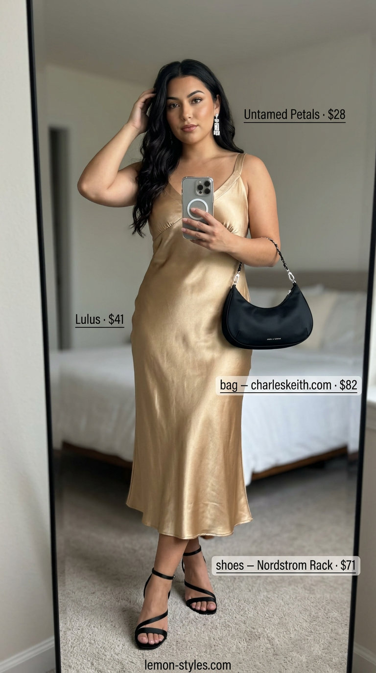 Casual maternity summer outfits 2026: Champagne slip dress with silver earrings, black sandals, and mini bag.