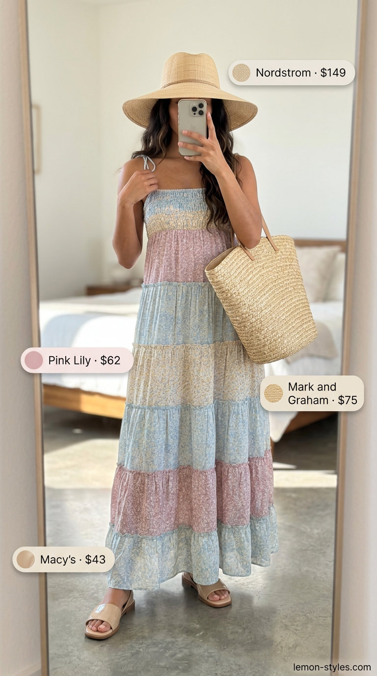 Boho floral maxi dress with straw hat for casual summer outfits, not dressy summer outfits with heels 2026.
