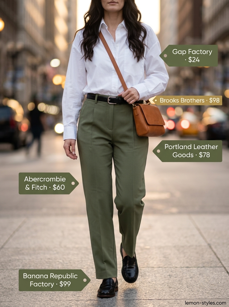 City Low-Waist Trousers 2026 Polished olive green mid-rise trousers for women 2026, styled for office casual or city sightseeing. Note: These are mid-rise, not low-waist.