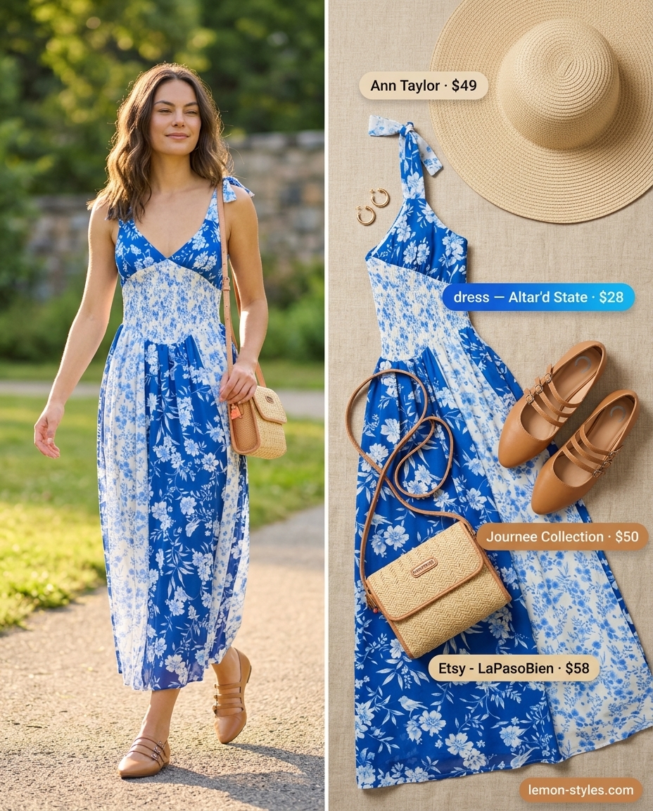 Relaxed sky blue floral maxi dress with heels for dressy summer outfits with heels 2026 seaside lunches.