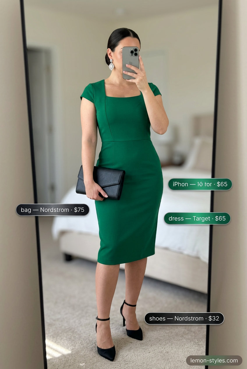 Glamorous emerald green midi dress with black stilettos for dressy summer outfits with heels 2026. Ideal for cocktail parties.