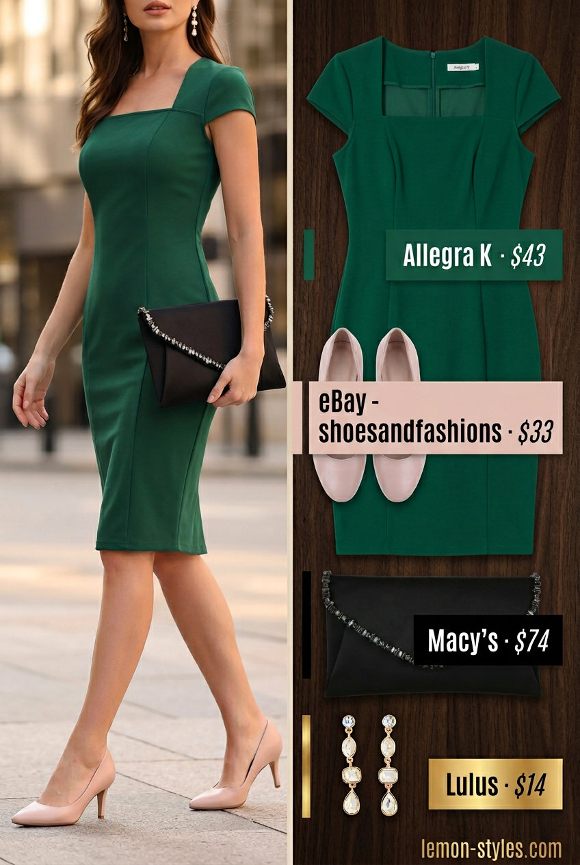 Emerald green sheath dress with crystal earrings for dressy summer outfits with heels 2026.