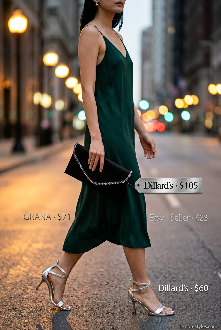 Elegant emerald green silk midi dress with silver heels for dressy summer outfits with heels 2026. Perfect for formal dinners.