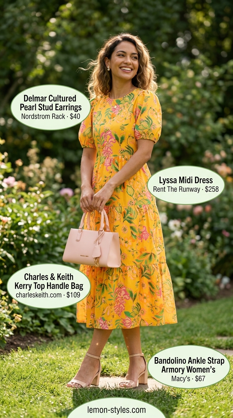 Feminine pastel pink floral wrap dress with block heels for dressy summer outfits with heels 2026 garden parties.
