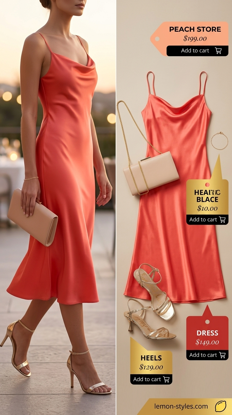 Romantic coral slip dress with metallic gold heels for dressy summer outfits with heels 2026. Great for summer evenings.