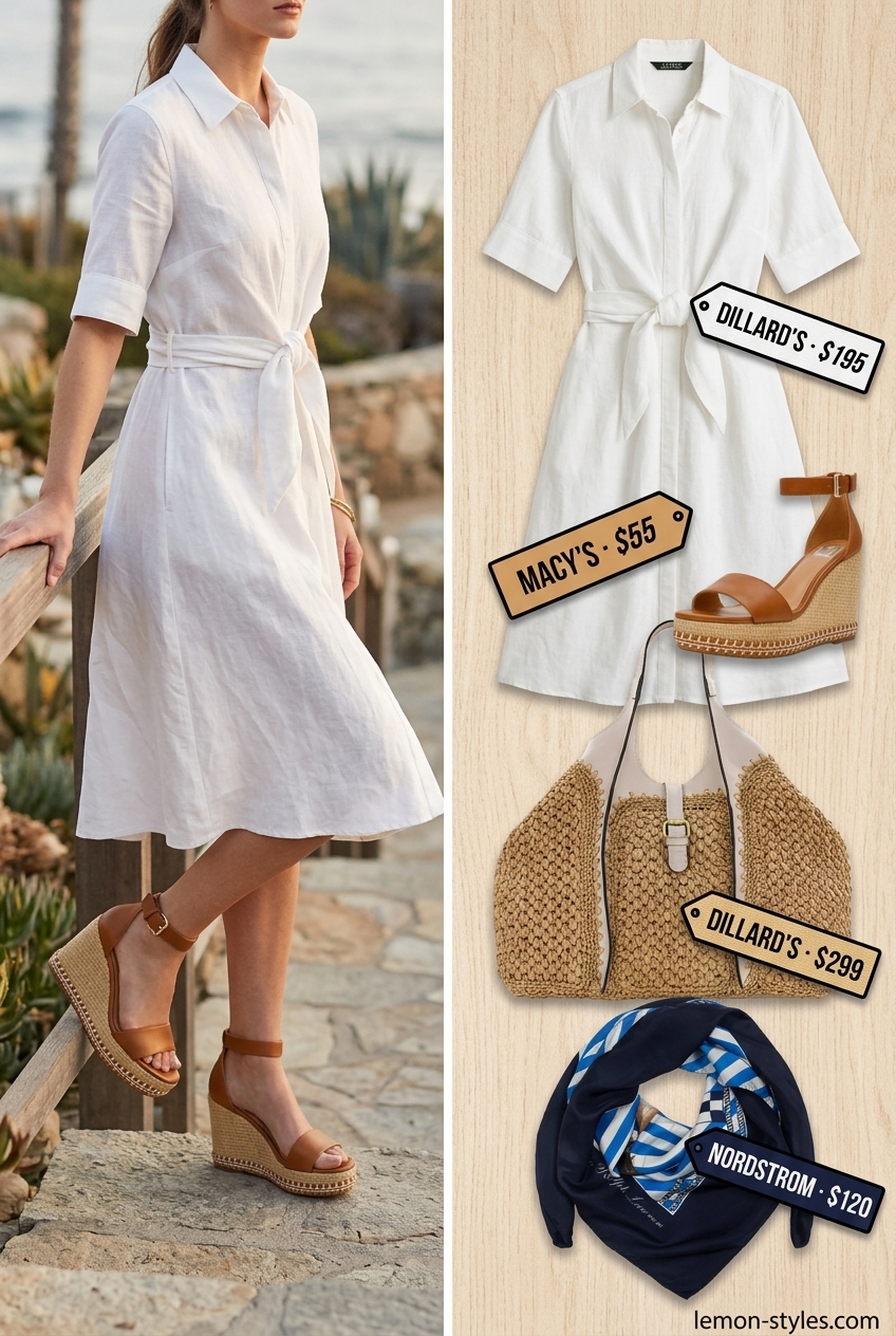 Chic white linen dress with tan espadrilles for dressy summer outfits with heels 2026. Perfect for seaside lunch.