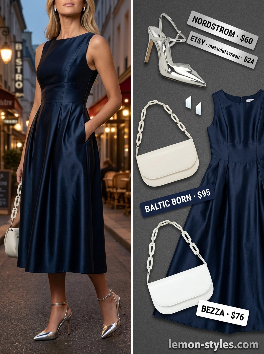 Chic navy blue midi dress with silver stilettos for dressy summer outfits with heels 2026. Perfect for city evenings.