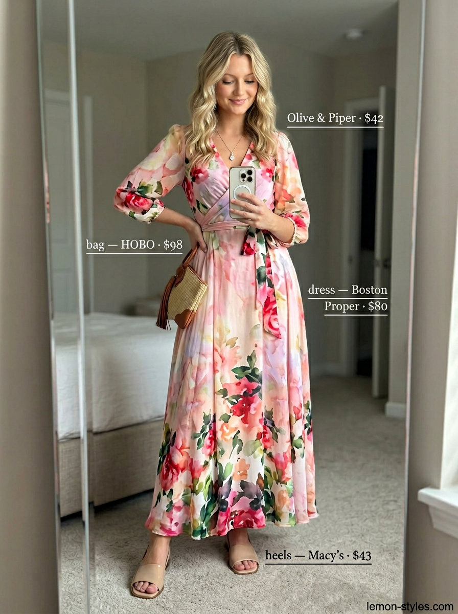Romantic floral maxi dress with nude heels for dressy summer outfits with heels 2026 garden parties.