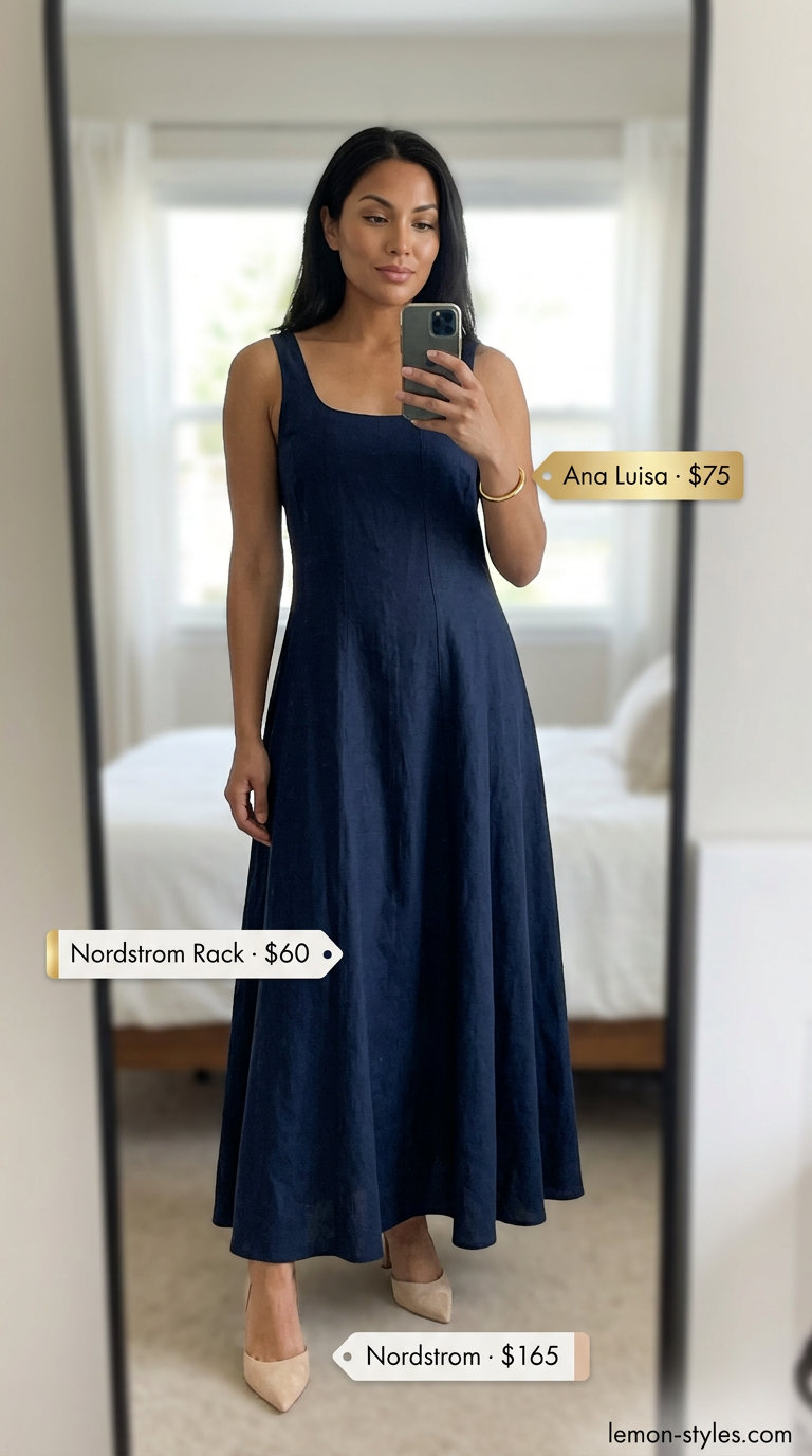 Sophisticated navy linen maxi dress with nude heels for dressy summer outfits with heels 2026 formal occasions.