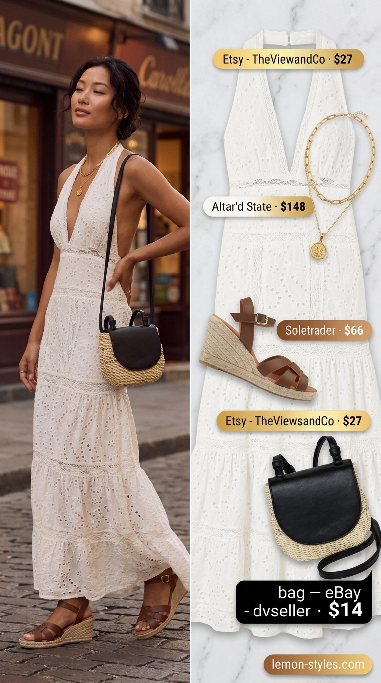 Boho Chic Dressy Summer Party Outfit 2026 White eyelet maxi dress with natural tan accessories for a dressy summer party outfit for women 2026.