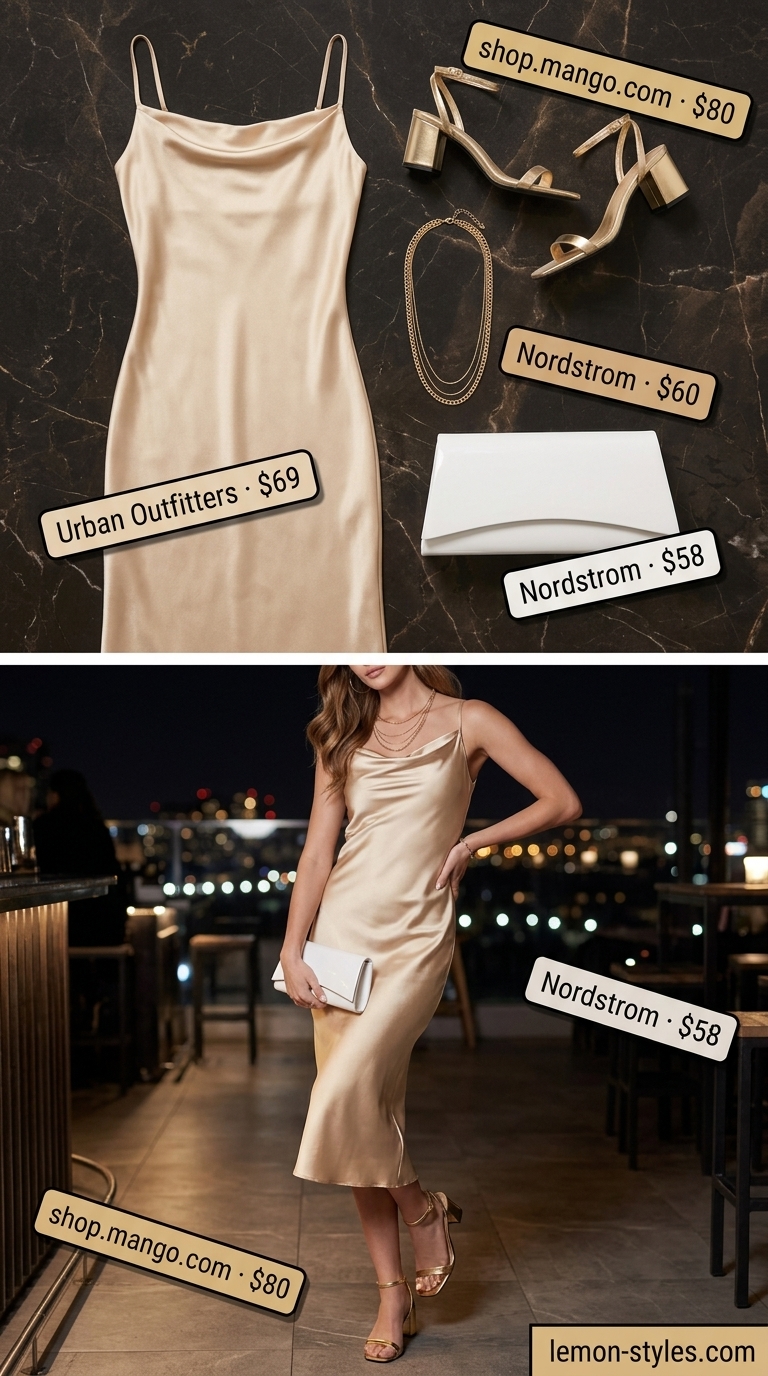 Glamorous Dressy Summer Party Outfit 2026 Champagne satin slip dress for a dressy summer party outfit for women 2026. Glamorous for evening events.
