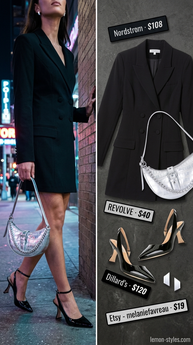Modern Dressy Summer Party Outfit 2026 Modern dressy summer party outfit for women 2026: Black blazer dress, silver heels & mini top-handle bag.