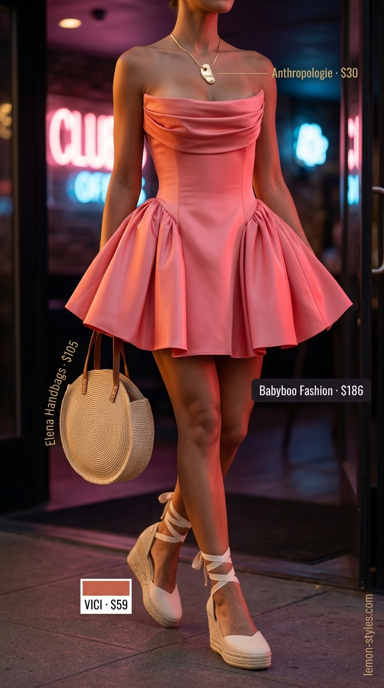 Playful Dressy Summer Party Outfit 2026 Bright coral off-shoulder mini dress for a dressy summer party outfit for women 2026. Playful for daytime events.