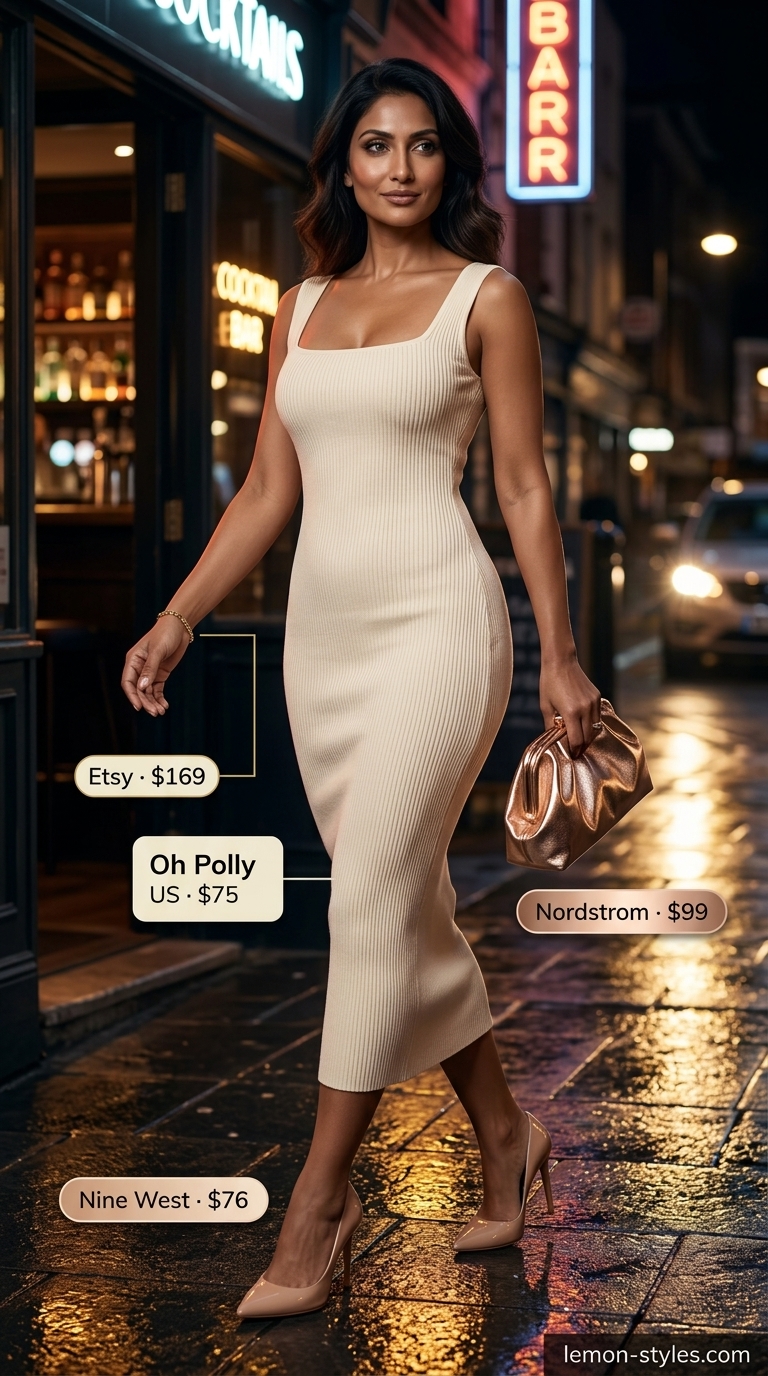 Sophisticated Dressy Summer Party Outfit 2026 Cream square-neck midi dress for a dressy summer party outfit for women 2026. Sophisticated for city events.