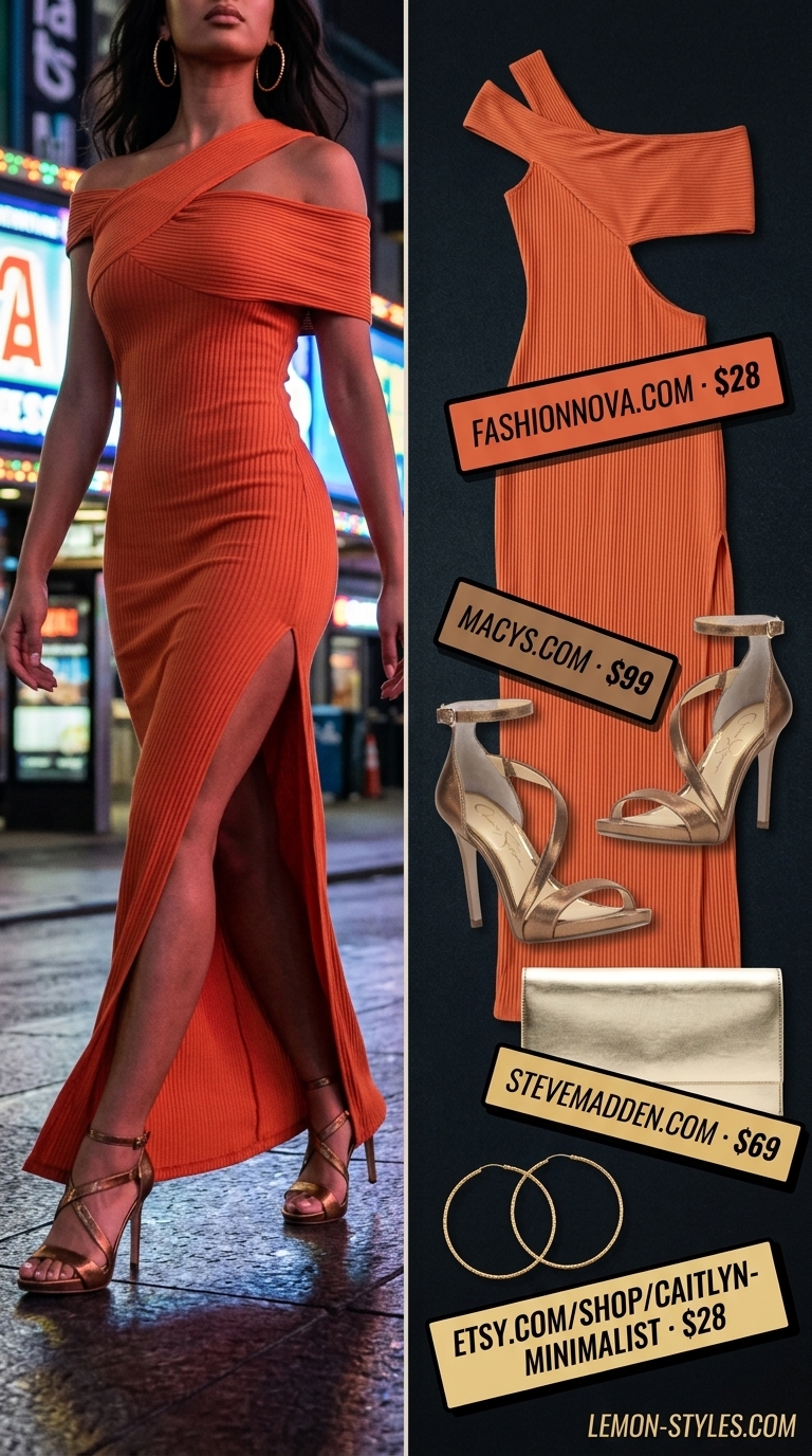 Terracotta cutout maxi dress with bronze and gold accessories for a dressy summer party outfit for women 2026.