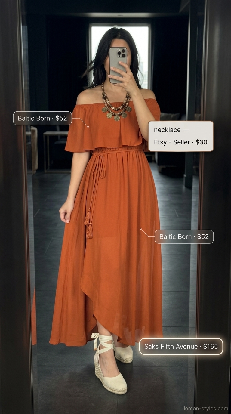 Boho Dressy Summer Party Outfit 2026 Boho dressy summer party outfit for women 2026: Terracotta orange off-shoulder maxi dress, straw hat & espadrilles.