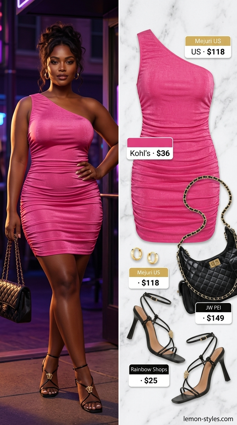 Bold Pink Dressy Summer Party Outfit 2026 Hot pink ruched one-shoulder mini dress with black and gold accessories for a dressy summer party outfit for women 2026.