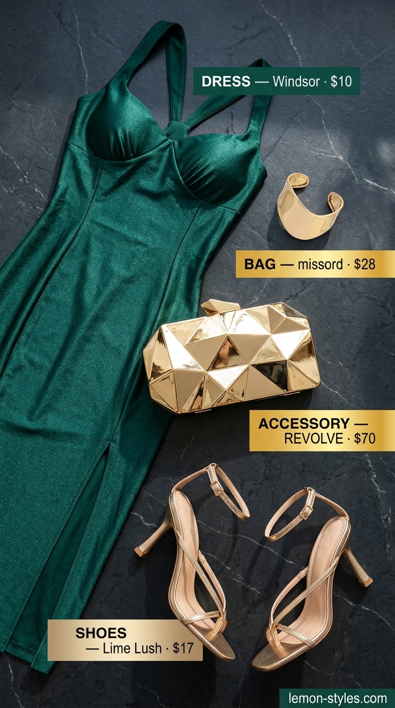 Emerald Gala Dressy Summer Party Outfit 2026 Emerald green bodycon midi dress with gold accessories for a dressy summer party outfit for women 2026.